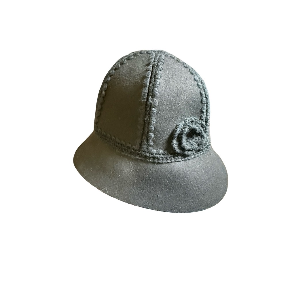 Vintage Route 66 Black 100% Wool Cloche Hat with Crochet Flower Detail OSFM Y2K